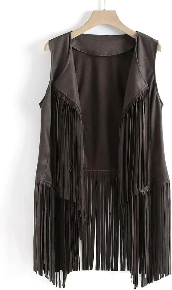 Womens Retro Western Fringe Vest Tops Classic Faux Suede Leather 70s Cowboy Shirt Sleeveless Tassels Cardigan Jackets