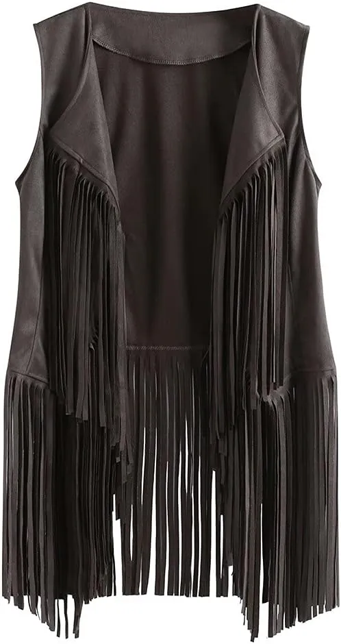 Womens Retro Western Fringe Vest Tops Classic Faux Suede Leather 70s Cowboy Shirt Sleeveless Tassels Cardigan Jackets