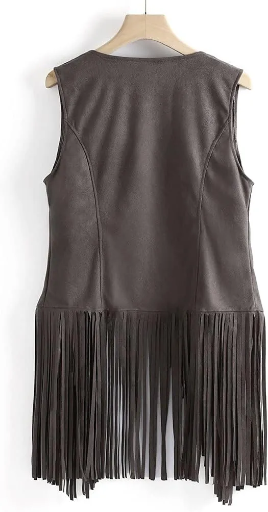Womens Retro Western Fringe Vest Tops Classic Faux Suede Leather 70s Cowboy Shirt Sleeveless Tassels Cardigan Jackets