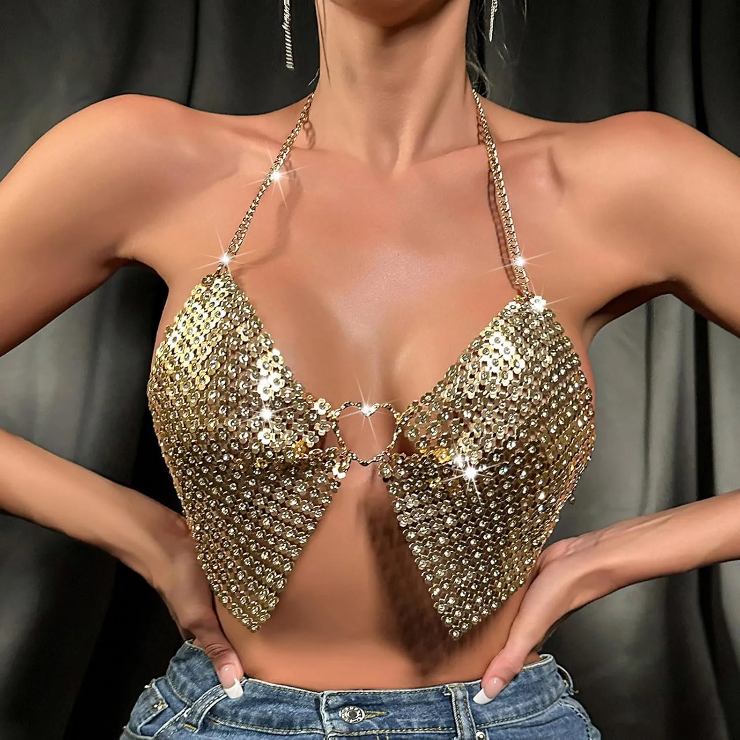 Womens Rhinestone Sparkly Sequin Top Sexy Crop Top Glitter Sleeveless Cami Vest Tank Tops Rave Disco Concert Outfits