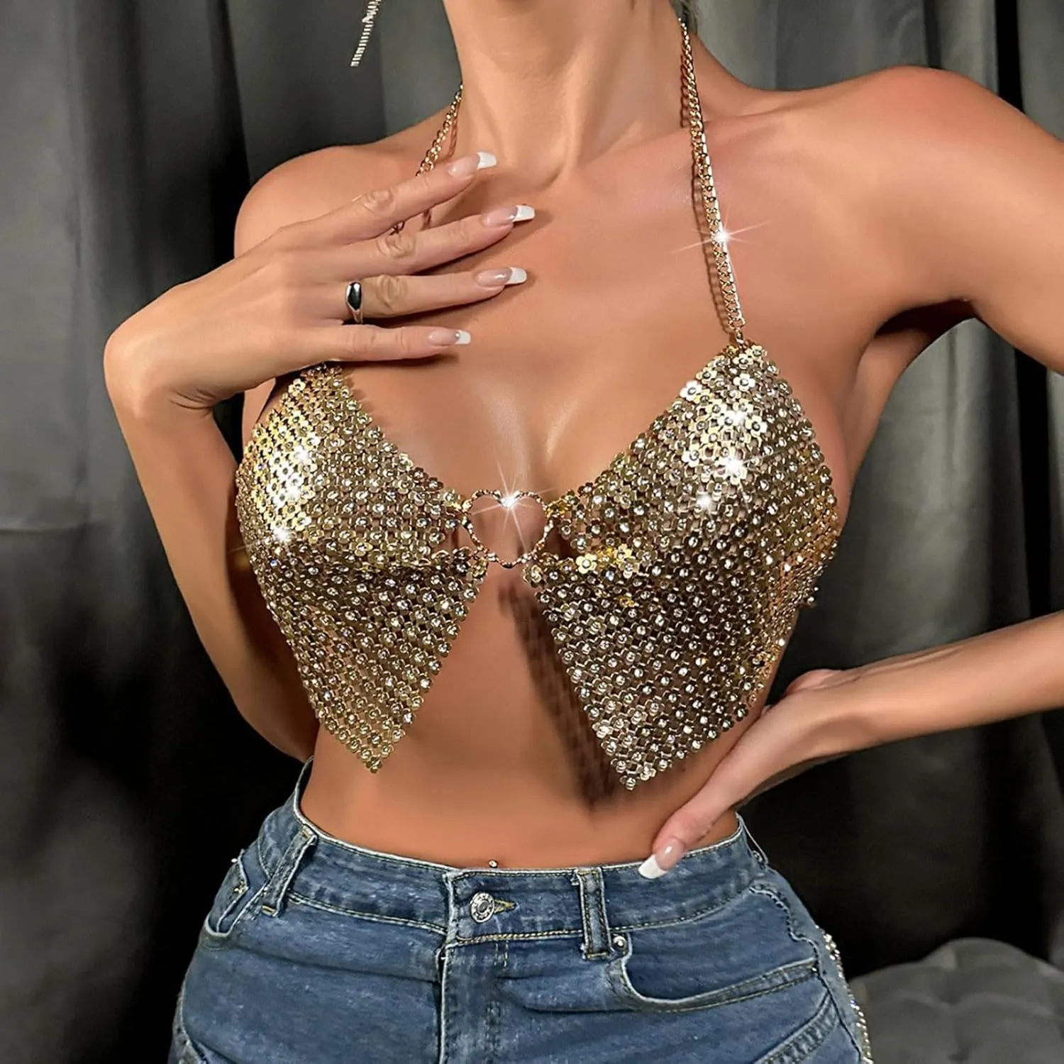 Womens Rhinestone Sparkly Sequin Top Sexy Crop Top Glitter Sleeveless Cami Vest Tank Tops Rave Disco Concert Outfits