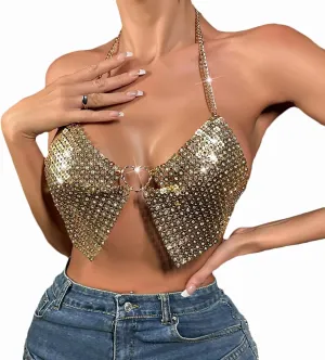 Womens Rhinestone Sparkly Sequin Top Sexy Crop Top Glitter Sleeveless Cami Vest Tank Tops Rave Disco Concert Outfits
