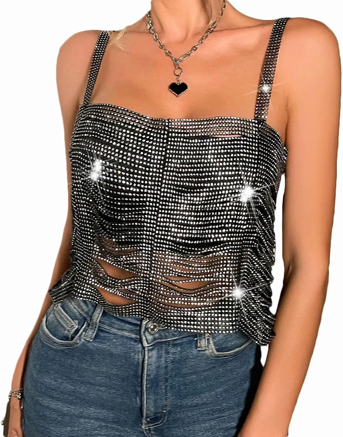 Womens Rhinestone Sparkly Sequin Top Sexy Crop Top Glitter Sleeveless Cami Vest Tank Tops Rave Disco Concert Outfits