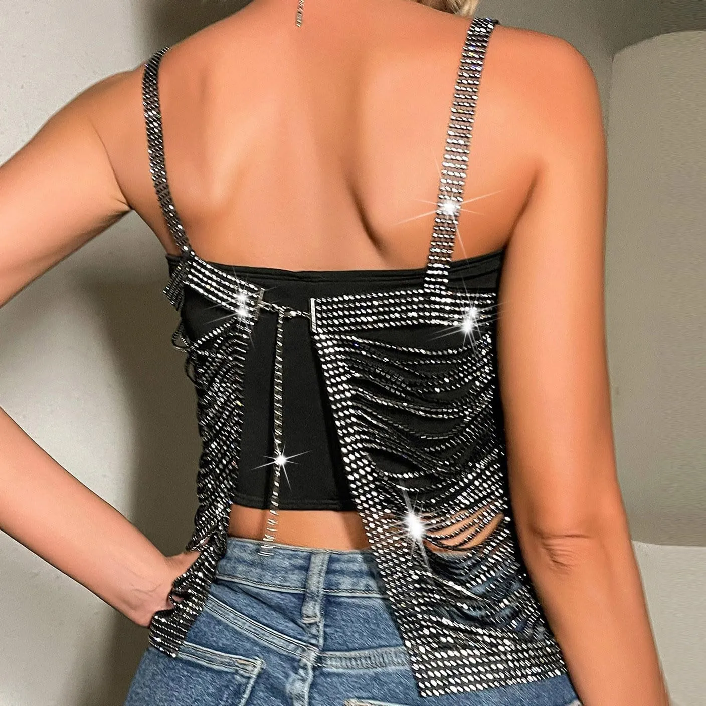 Womens Rhinestone Sparkly Sequin Top Sexy Crop Top Glitter Sleeveless Cami Vest Tank Tops Rave Disco Concert Outfits