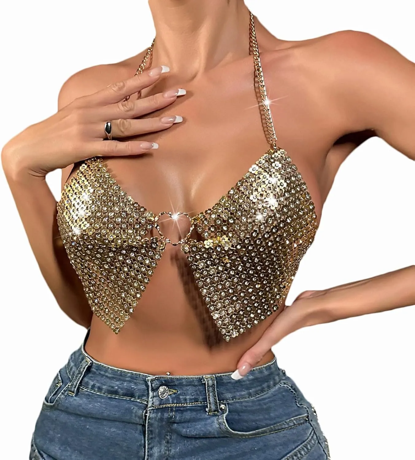 Womens Rhinestone Sparkly Sequin Top Sexy Crop Top Glitter Sleeveless Cami Vest Tank Tops Rave Disco Concert Outfits