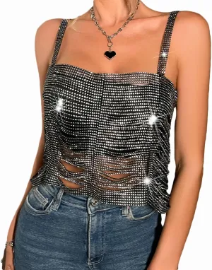 Womens Rhinestone Sparkly Sequin Top Sexy Crop Top Glitter Sleeveless Cami Vest Tank Tops Rave Disco Concert Outfits