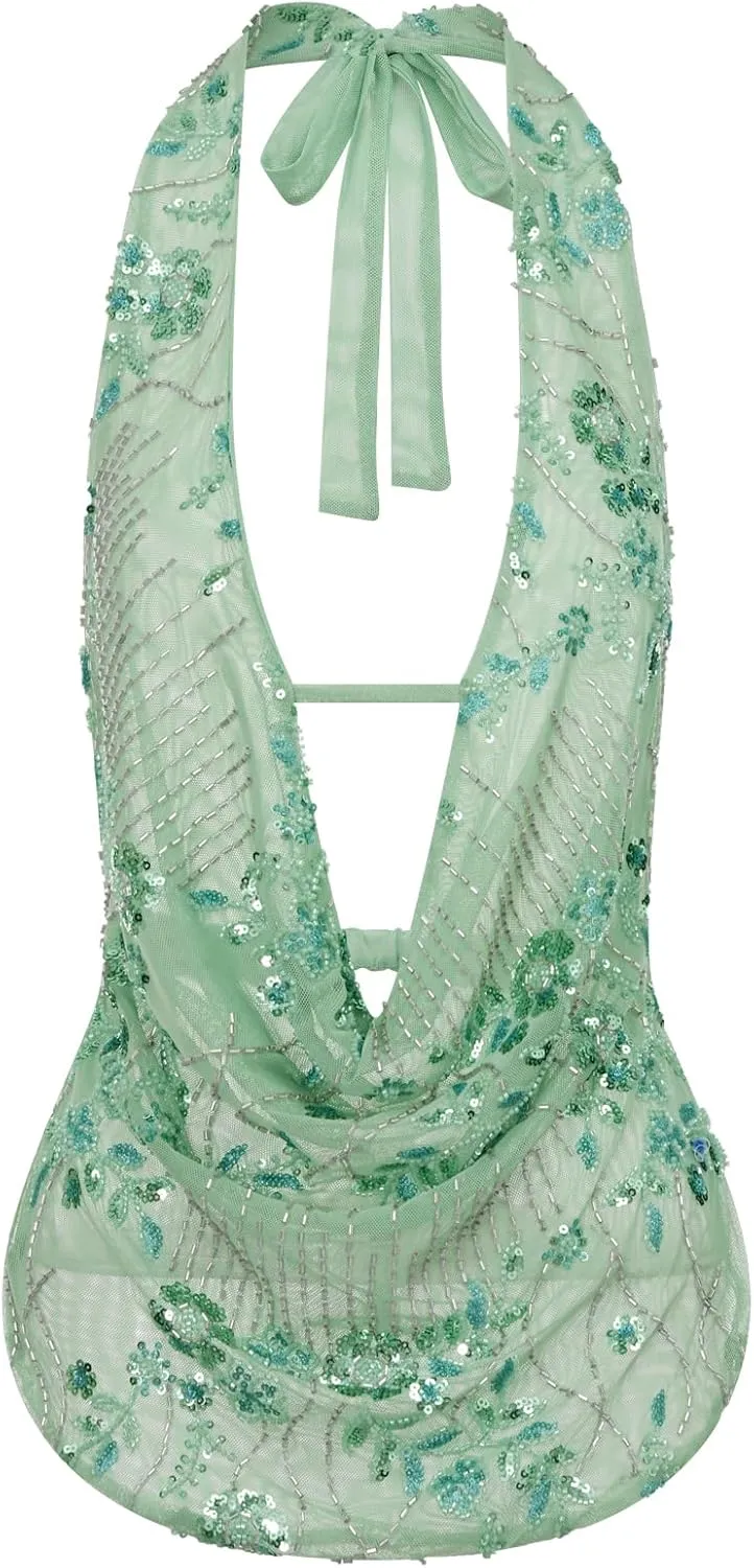 Womens Sequin Cami Tank Top Sparkly Floral Vest Sexy Pearl Rhinestone Going Out Tops Y2k Glitter Camisole