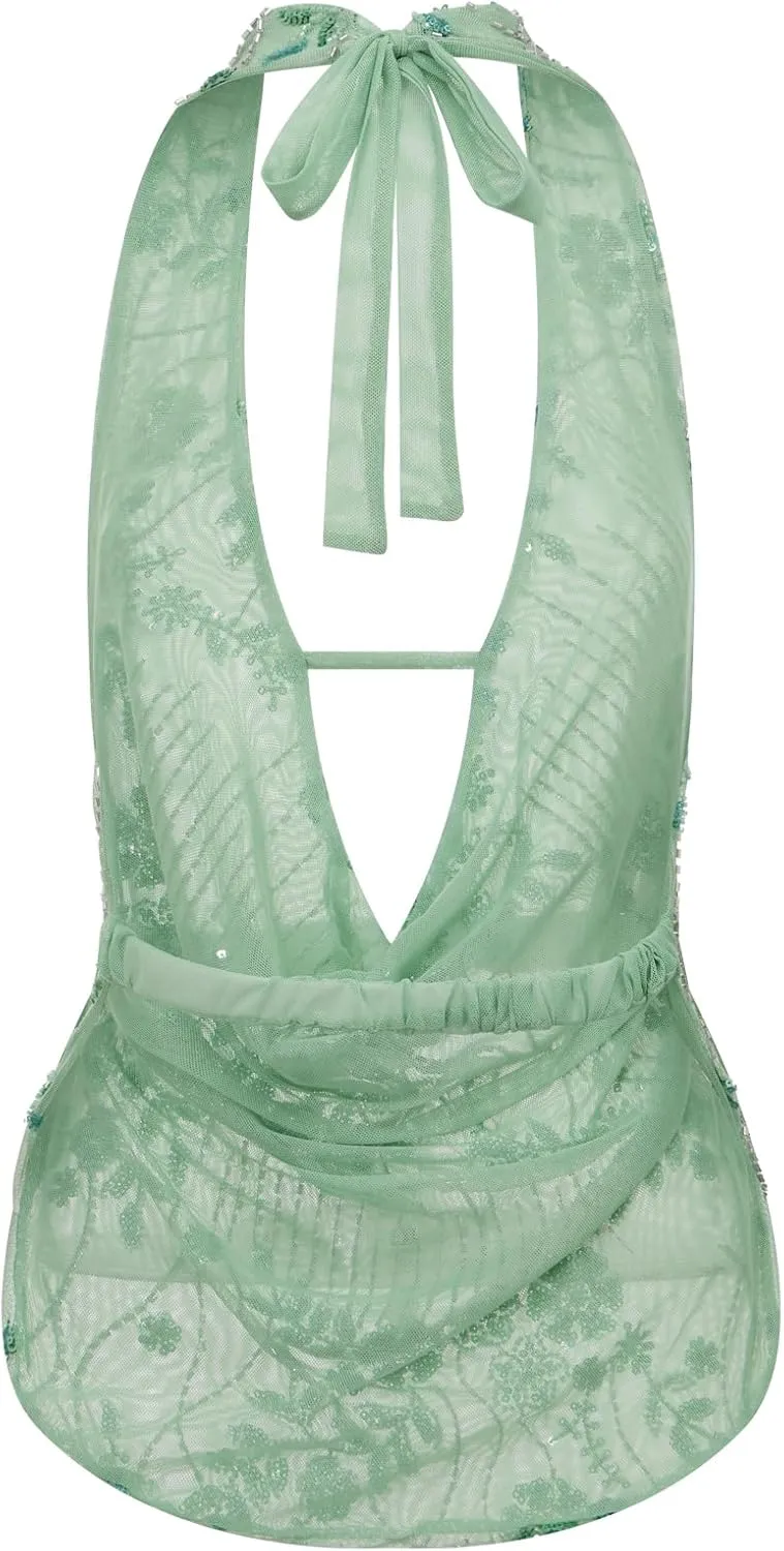 Womens Sequin Cami Tank Top Sparkly Floral Vest Sexy Pearl Rhinestone Going Out Tops Y2k Glitter Camisole