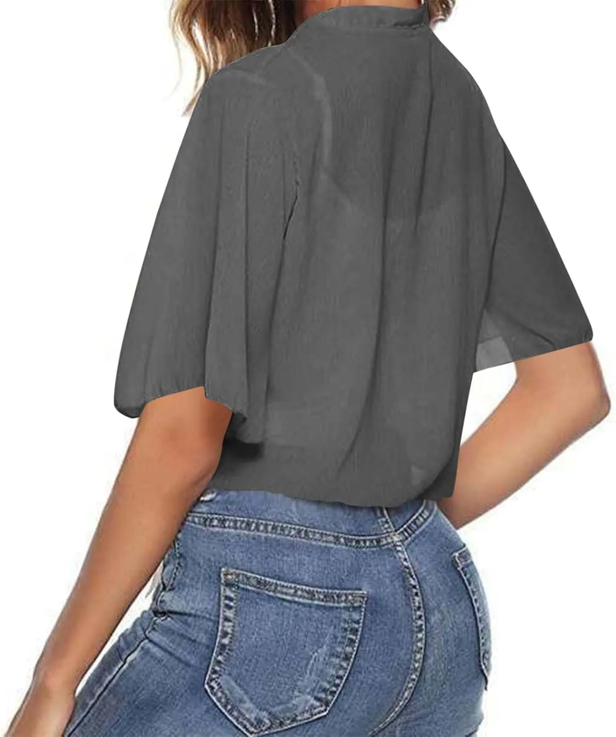 Womens Sheer Tie Knot Bolero Cardigan Summer Long Sleeve Lightweight Open Front Chiffon Cover Up Crop Tops