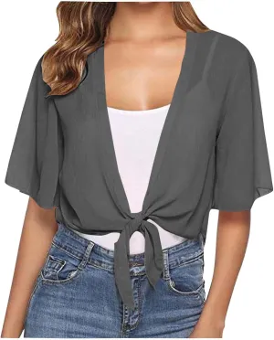 Womens Sheer Tie Knot Bolero Cardigan Summer Long Sleeve Lightweight Open Front Chiffon Cover Up Crop Tops