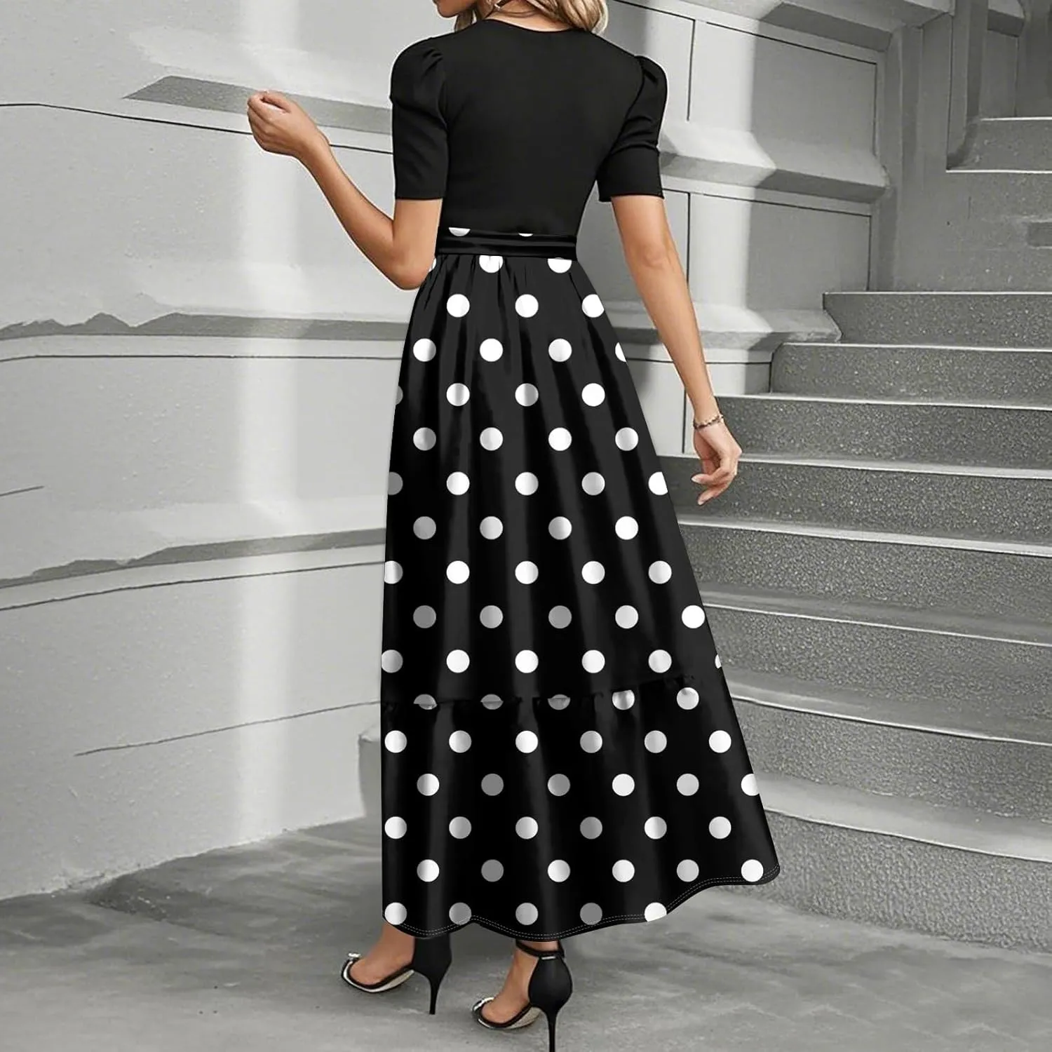 Womens Summer Dresses 2025 Casual Short Sleeve Sundress Beach Vacation Polka dot Print Splicing Short Dresses