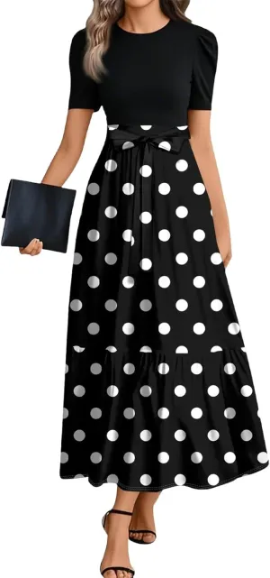 Womens Summer Dresses 2025 Casual Short Sleeve Sundress Beach Vacation Polka dot Print Splicing Short Dresses