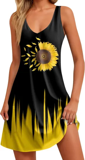 Womens Summer Dresses 2025 V Neck Sundress Sleeveless Beach Dress with Pocket Casual Printed Swimsuit Coverup