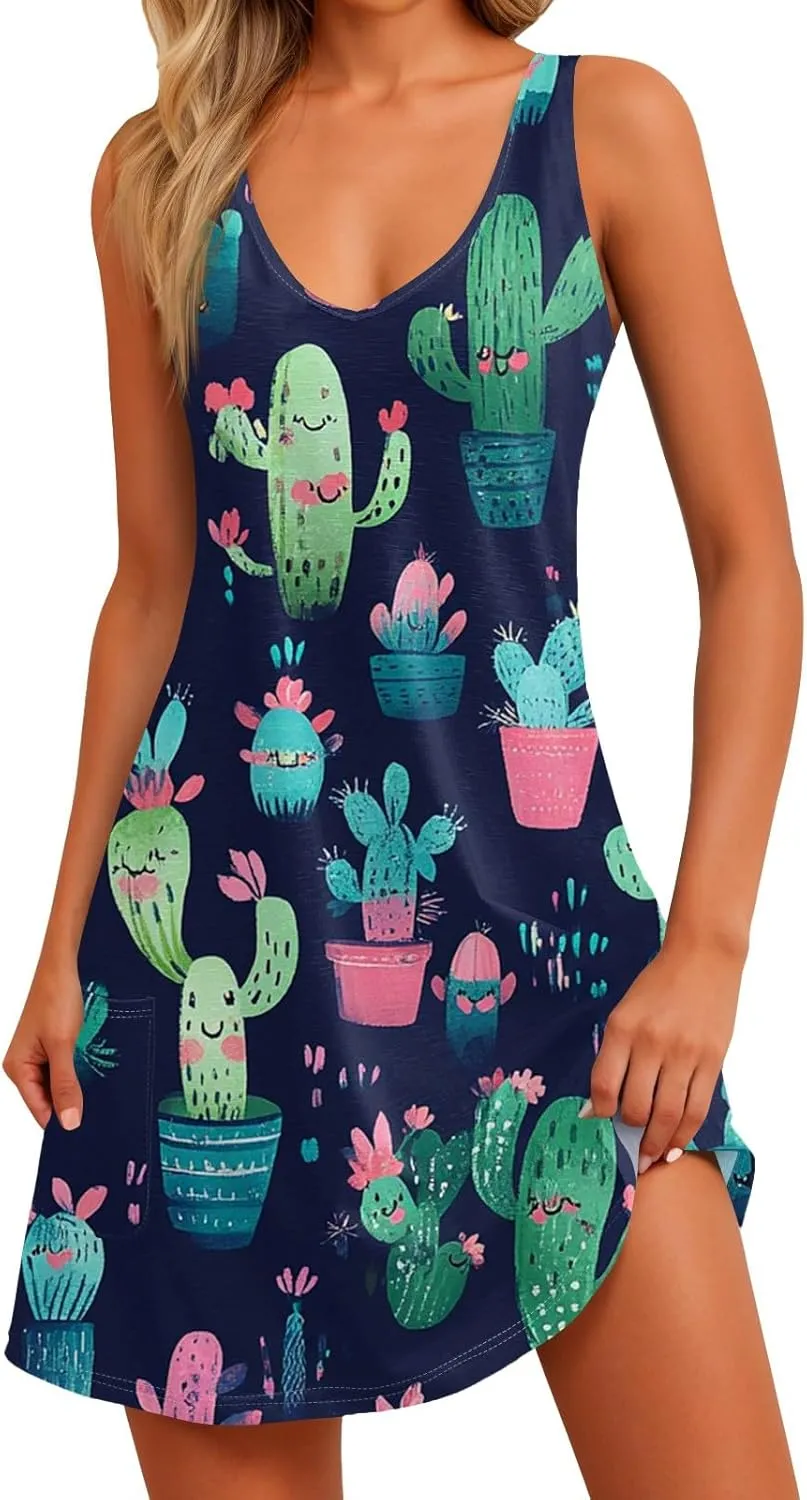Womens Summer Dresses Beach V Neck Swimsuit Coverup Vacation Casual Dress with Pocket 2025 Printed Sundress