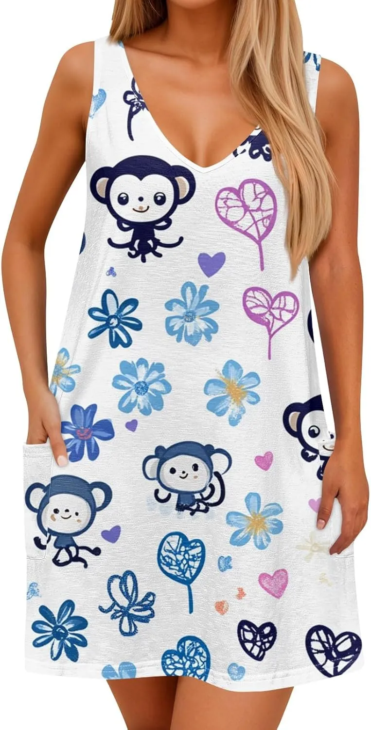 Womens Summer Dresses Beach V Neck Swimsuit Coverup Vacation Casual Dress with Pocket 2025 Printed Sundress