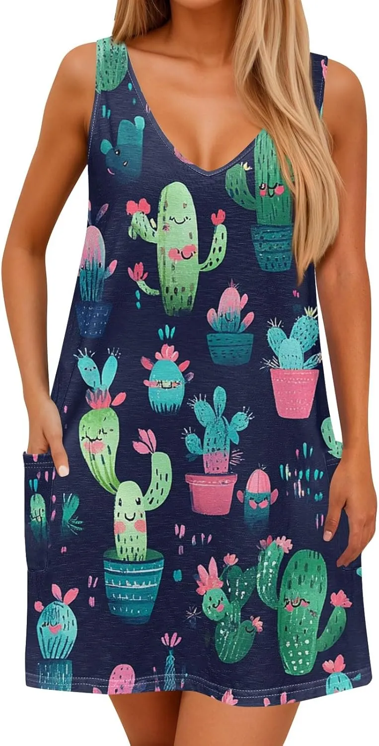 Womens Summer Dresses Beach V Neck Swimsuit Coverup Vacation Casual Dress with Pocket 2025 Printed Sundress