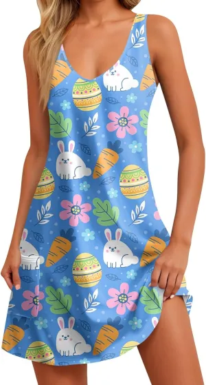 Womens Summer Dresses Sleeveless V Neck Swimsuit Coverup Casual Vacation Dress with Pocket Beach Printed Sundress
