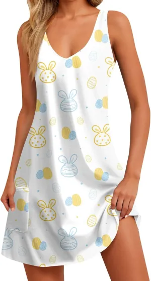 Womens Summer Dresses Sleeveless V Neck Swimsuit Coverup Casual Vacation Dress with Pocket Beach Printed Sundress