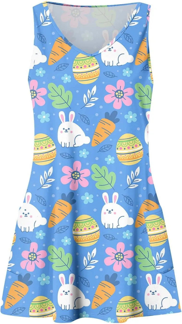 Womens Summer Dresses Sleeveless V Neck Swimsuit Coverup Casual Vacation Dress with Pocket Beach Printed Sundress