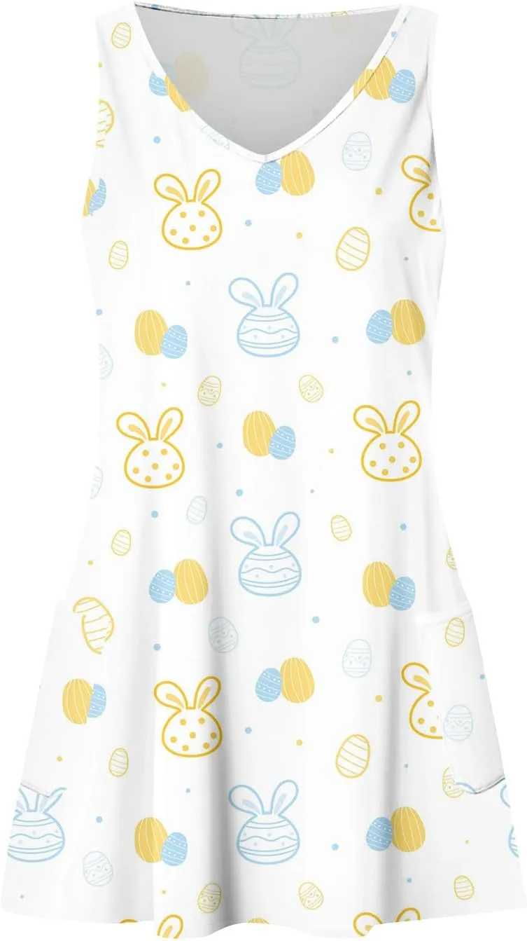 Womens Summer Dresses Sleeveless V Neck Swimsuit Coverup Casual Vacation Dress with Pocket Beach Printed Sundress