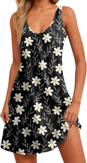 Womens Summer Dresses Sleeveless Vacation Swimsuit Coverup Beach Printed Sundress Casual 2025 Dress with Pocket