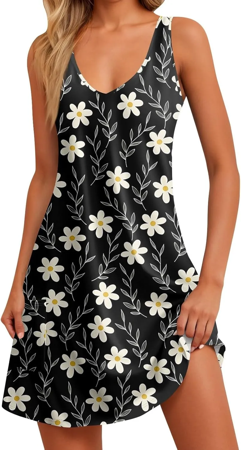 Womens Summer Dresses Sleeveless Vacation Swimsuit Coverup Beach Printed Sundress Casual 2025 Dress with Pocket