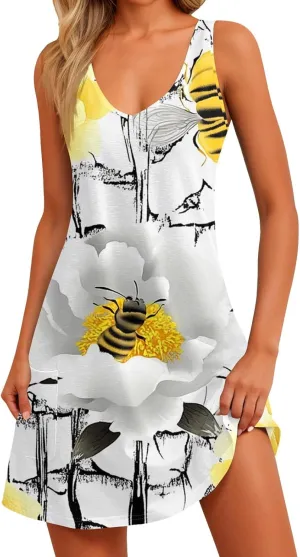 Womens Summer Dresses Sleeveless Vacation Swimsuit Coverup Beach Printed Sundress Casual 2025 Dress with Pocket