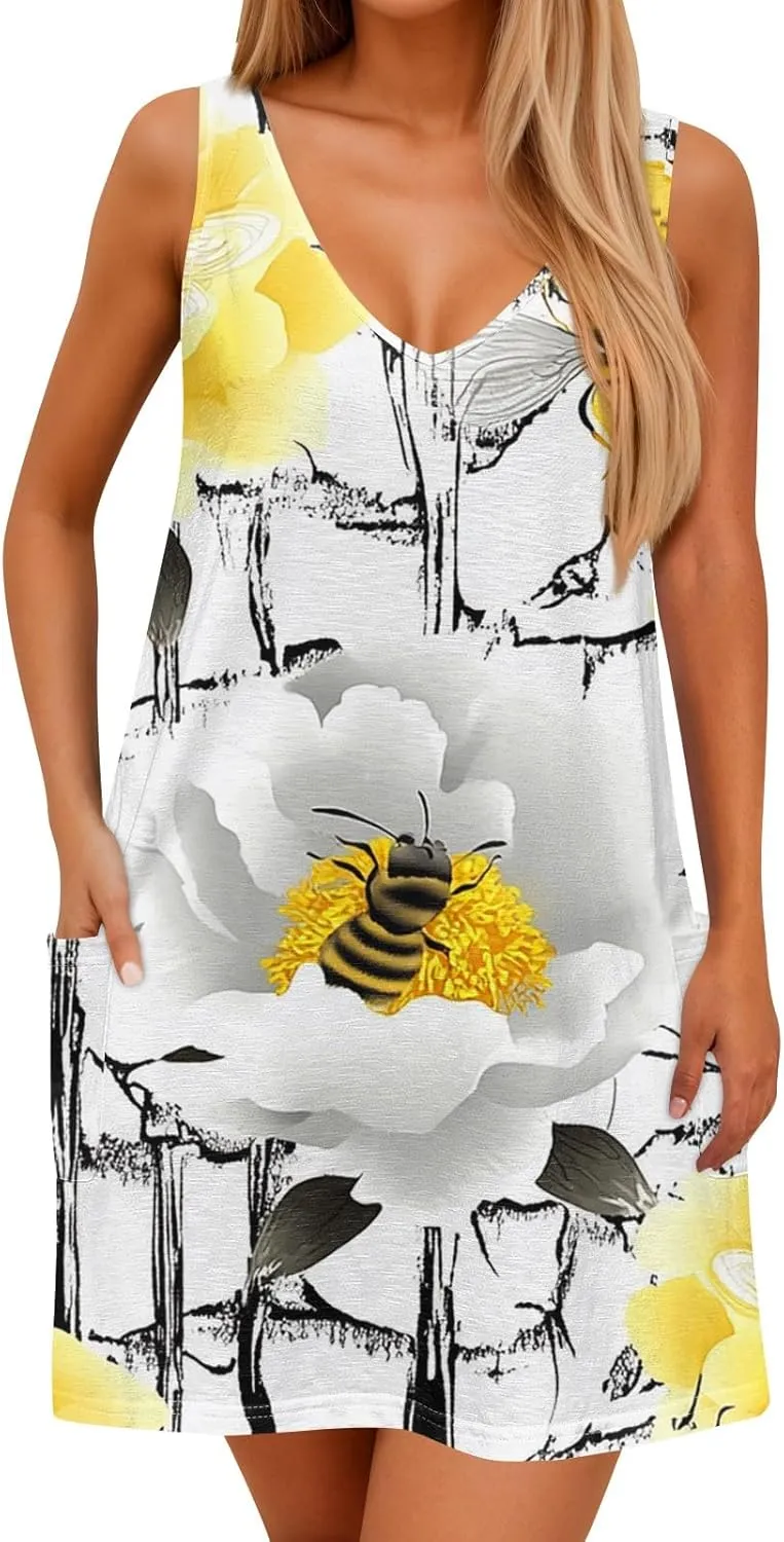 Womens Summer Dresses Sleeveless Vacation Swimsuit Coverup Beach Printed Sundress Casual 2025 Dress with Pocket