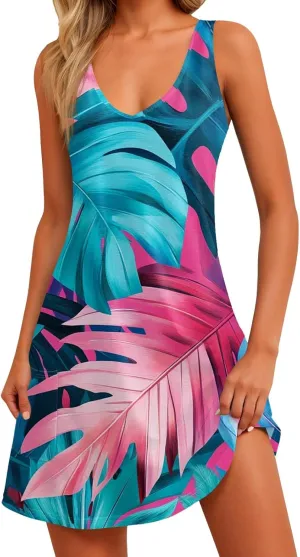 Womens Summer Dresses Vacation Casual Sundress V Neck Sleeveless Dress with Pocket Beach Printed Swimsuit Coverup