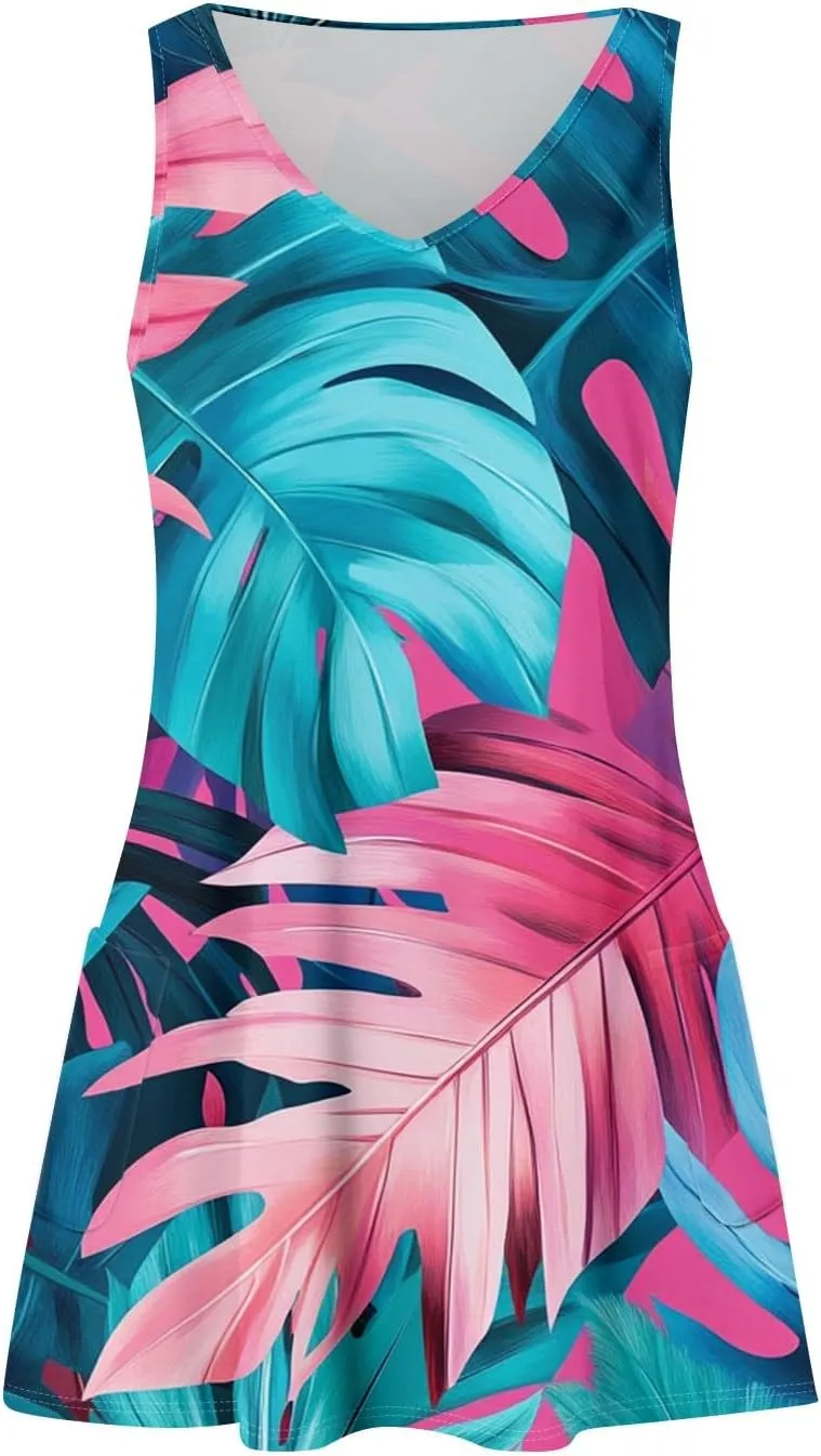 Womens Summer Dresses Vacation Casual Sundress V Neck Sleeveless Dress with Pocket Beach Printed Swimsuit Coverup