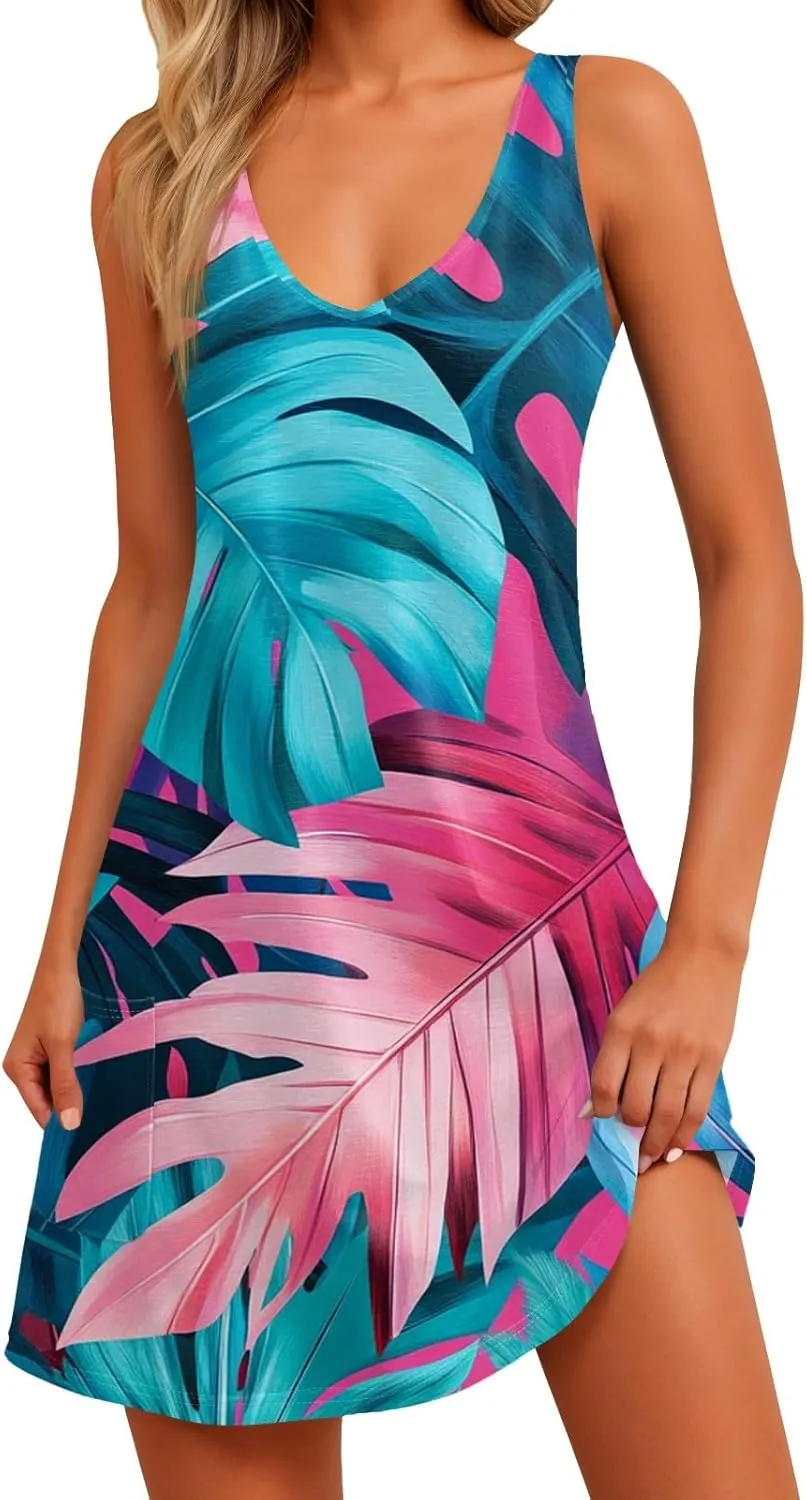 Womens Summer Dresses Vacation Casual Sundress V Neck Sleeveless Dress with Pocket Beach Printed Swimsuit Coverup