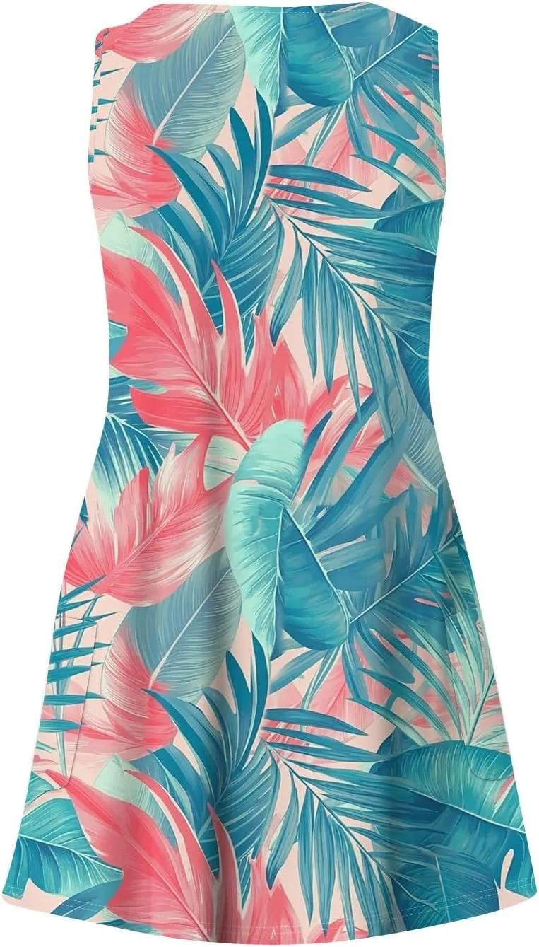 Womens Summer Dresses Vacation Casual Sundress V Neck Sleeveless Dress with Pocket Beach Printed Swimsuit Coverup