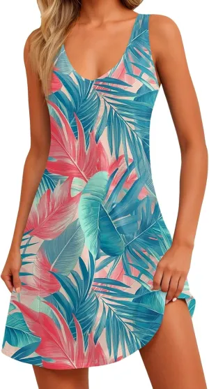 Womens Summer Dresses Vacation Casual Sundress V Neck Sleeveless Dress with Pocket Beach Printed Swimsuit Coverup