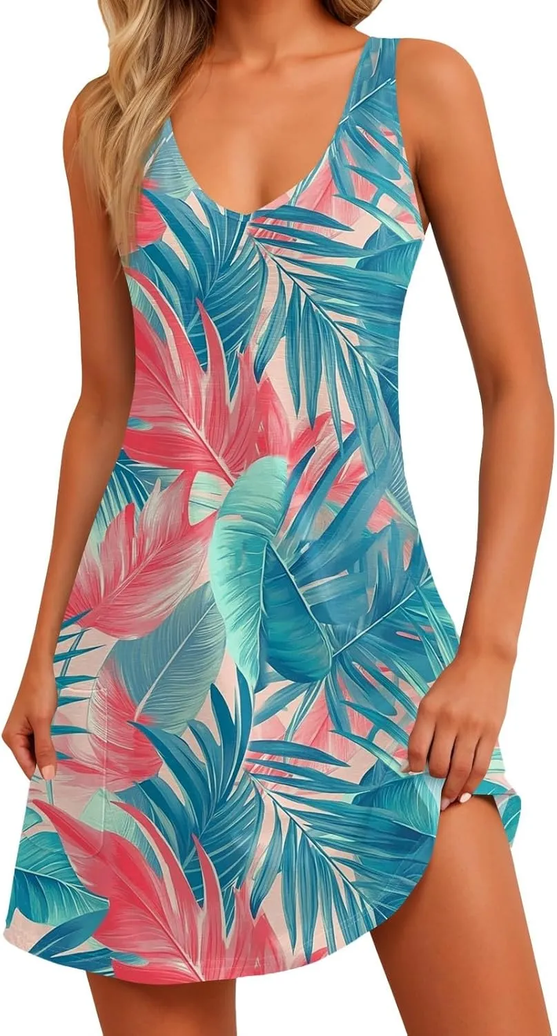 Womens Summer Dresses Vacation Casual Sundress V Neck Sleeveless Dress with Pocket Beach Printed Swimsuit Coverup