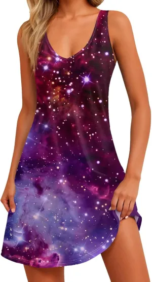 Womens Summer Dresses Vacation V Neck Dress with Pocket Printed 2025 Swimsuit Coverup Beach Sleeveless Sundress
