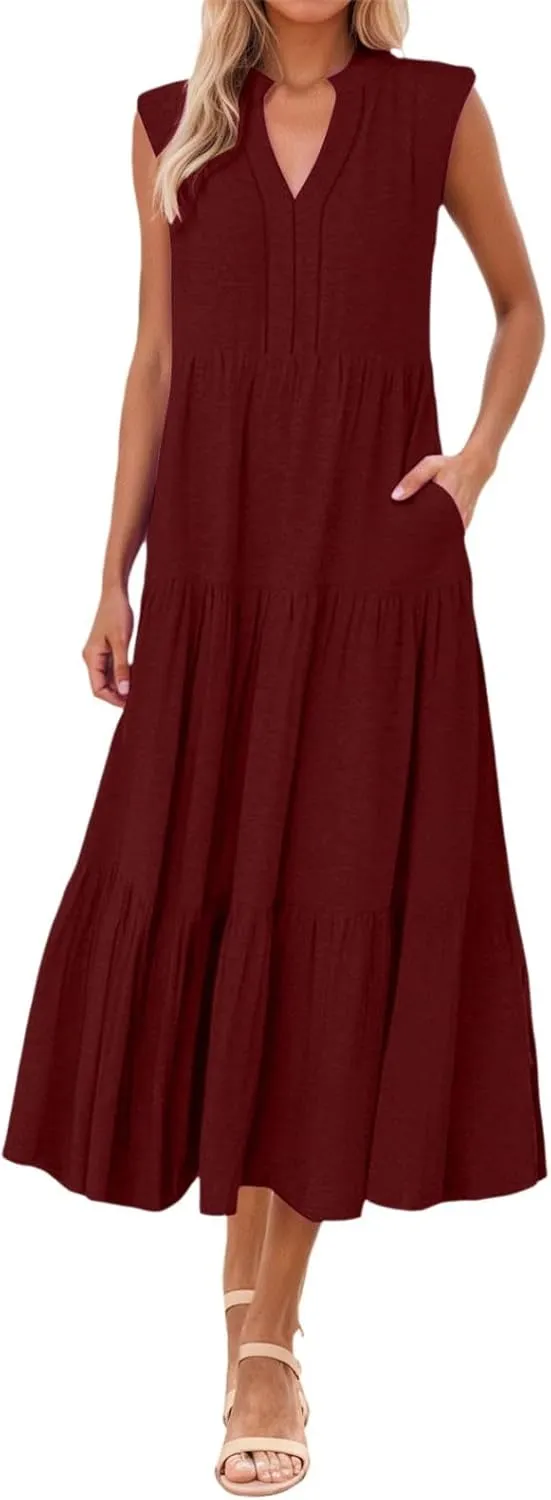Womens Summer Striped Dress Sleeveless Knitted Contrast Color Side Slit Casual Maxi Beach Dress
