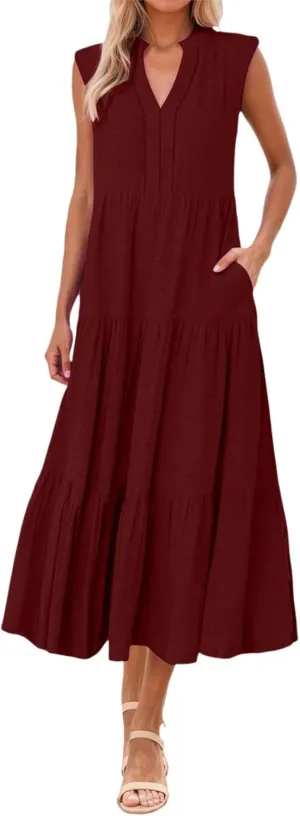 Womens Summer Striped Dress Sleeveless Knitted Contrast Color Side Slit Casual Maxi Beach Dress