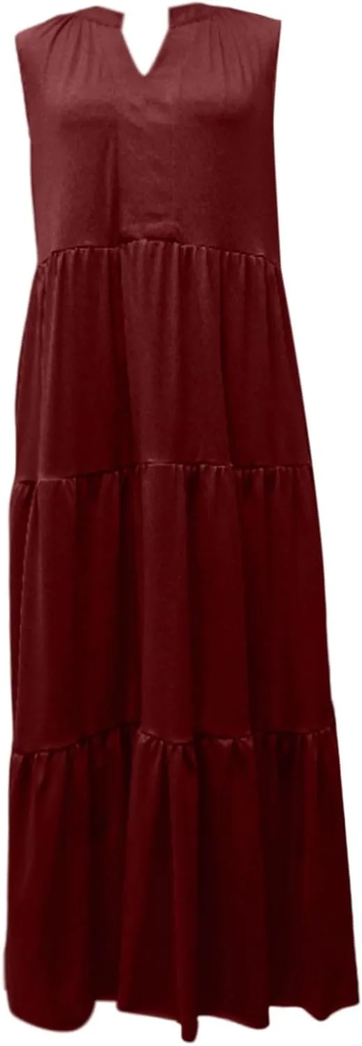 Womens Summer Striped Dress Sleeveless Knitted Contrast Color Side Slit Casual Maxi Beach Dress