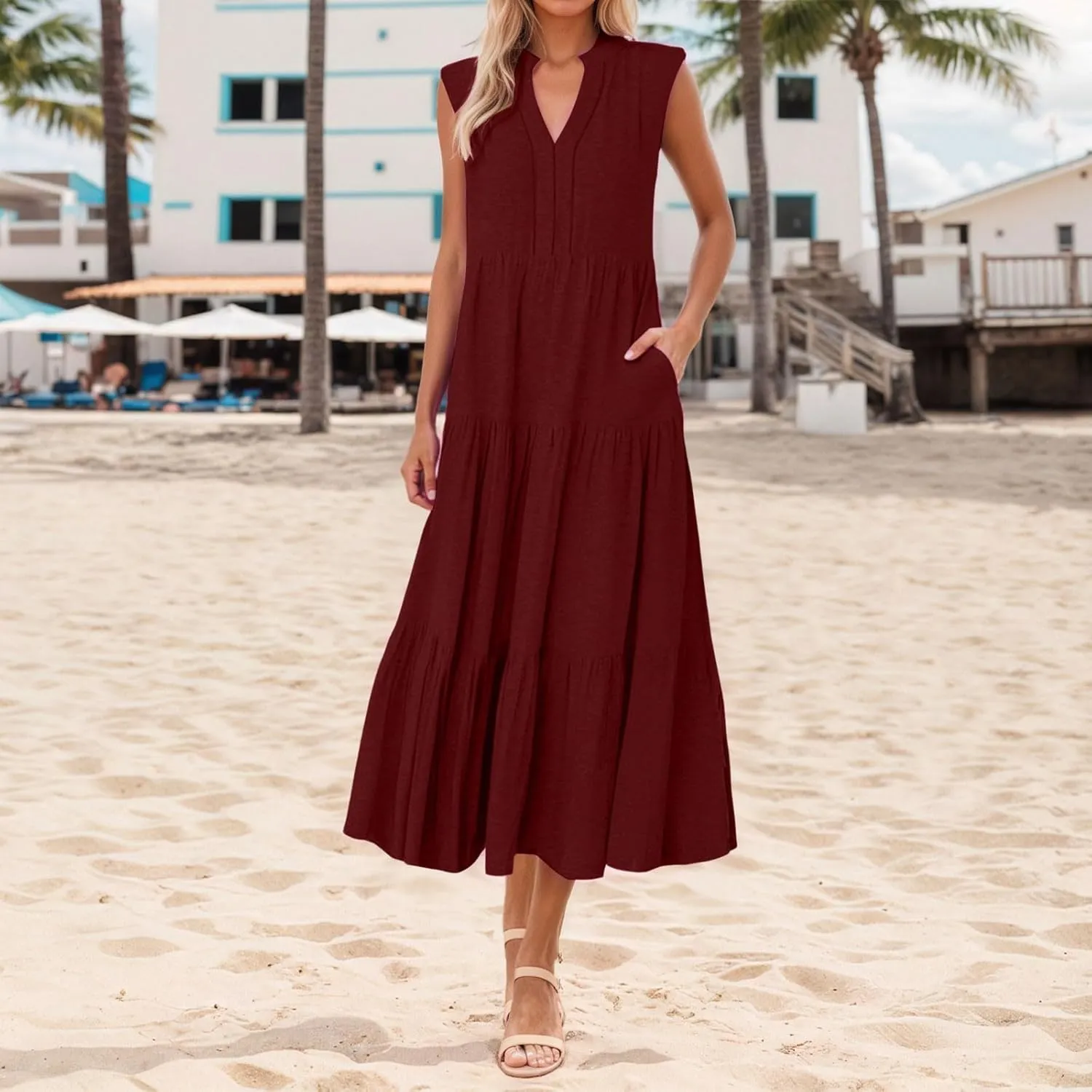 Womens Summer Striped Dress Sleeveless Knitted Contrast Color Side Slit Casual Maxi Beach Dress