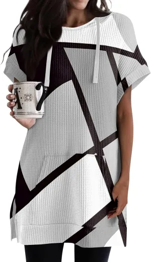 Womens Summer Waffle Short Sleeve Long Shrits With Pockets Oversized Hoodies Tunics Or Tops To Wear With Leggings