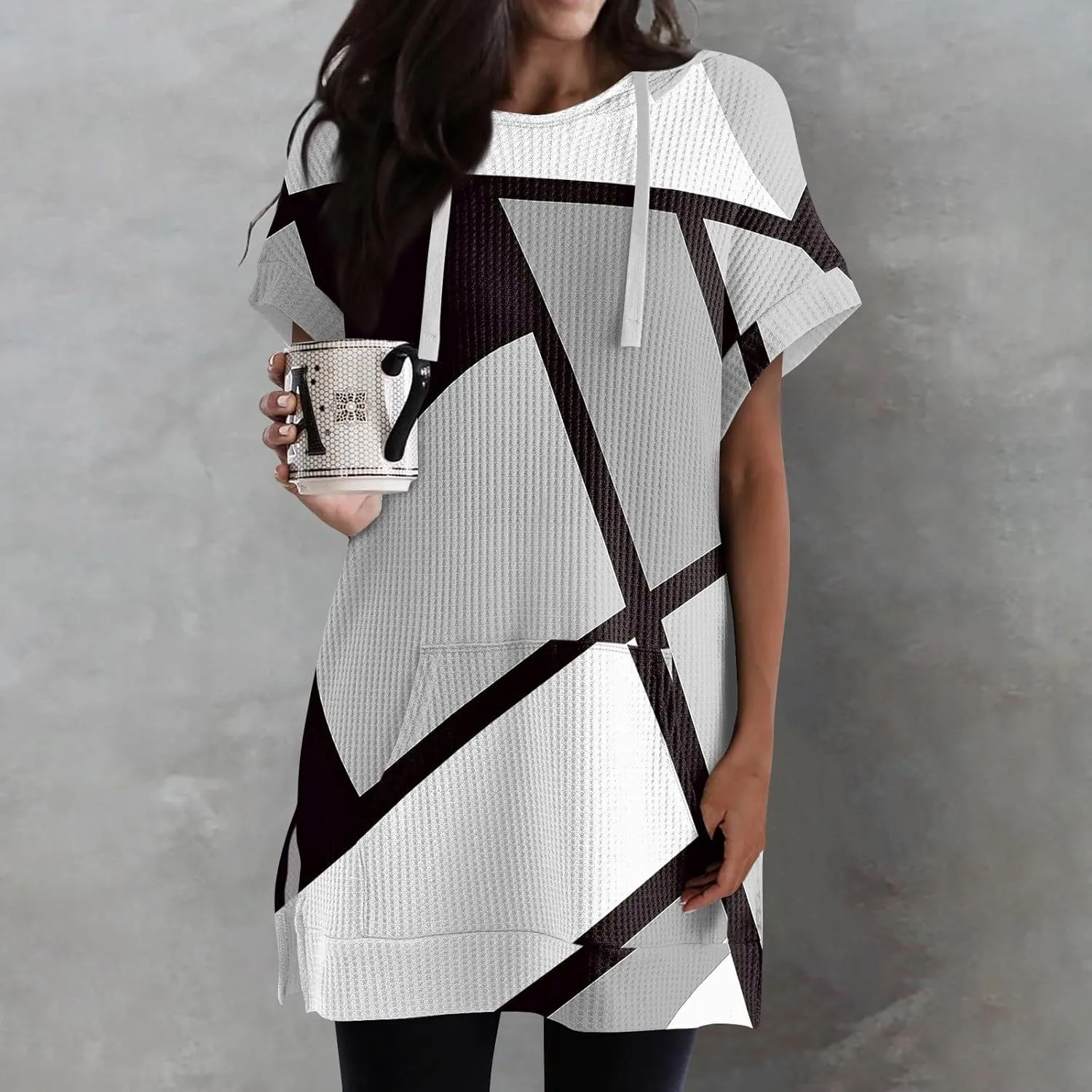 Womens Summer Waffle Short Sleeve Long Shrits With Pockets Oversized Hoodies Tunics Or Tops To Wear With Leggings