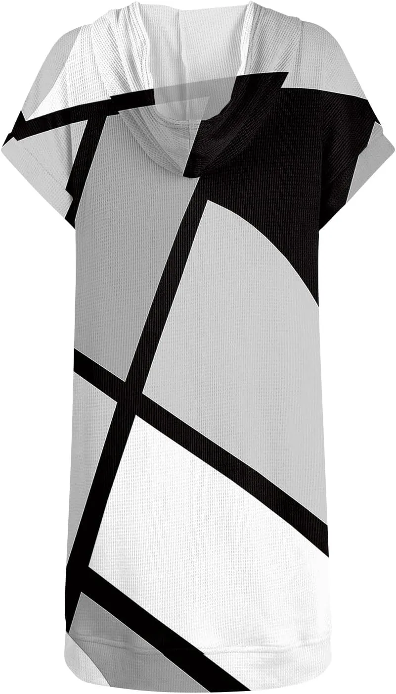 Womens Summer Waffle Short Sleeve Long Shrits With Pockets Oversized Hoodies Tunics Or Tops To Wear With Leggings