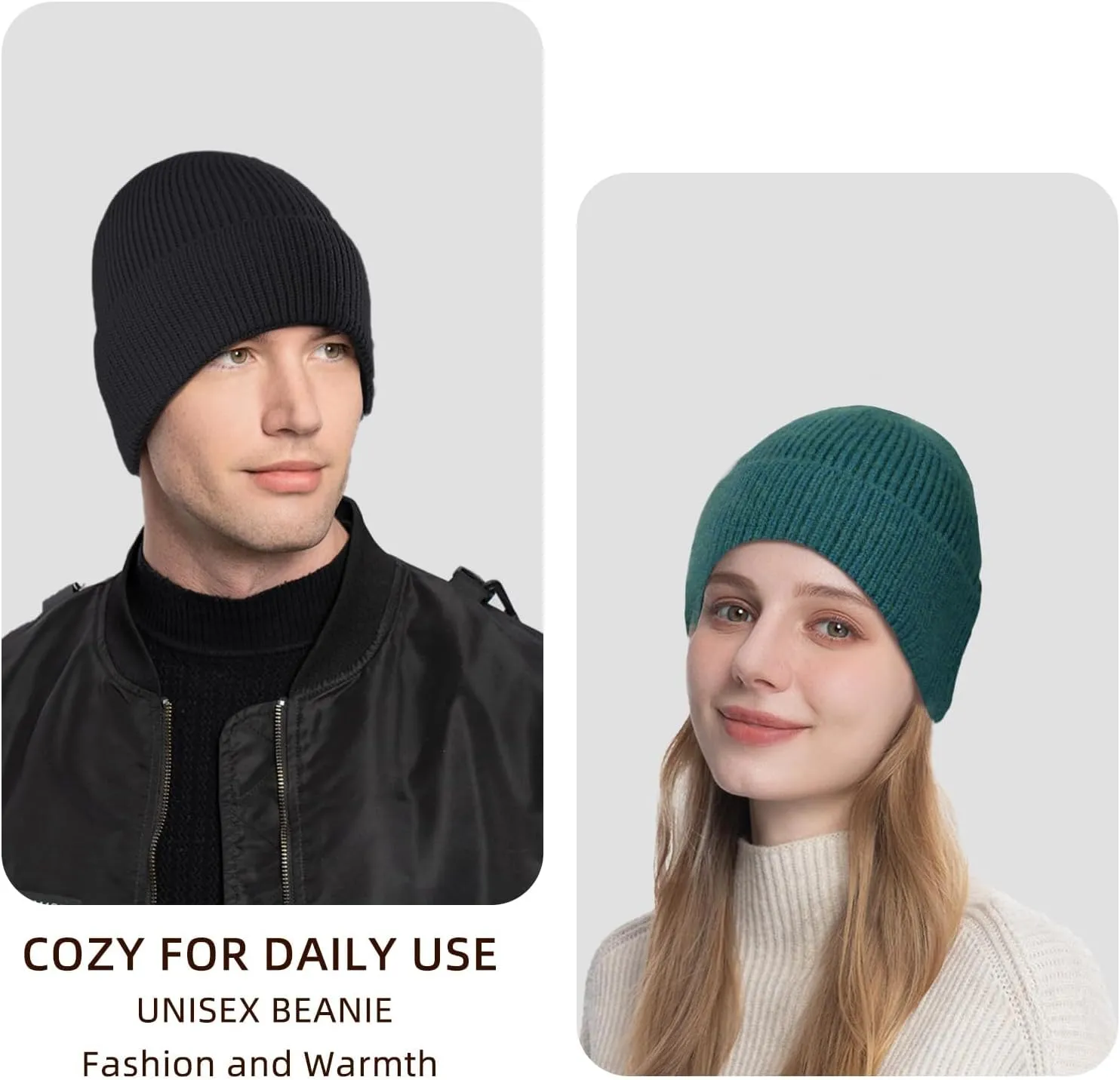 ZOORON 1&2 Unisex Thick Knitted Beanie for Men Women Cuffed Plain Hat Winter Slouchy Ski Beanies
